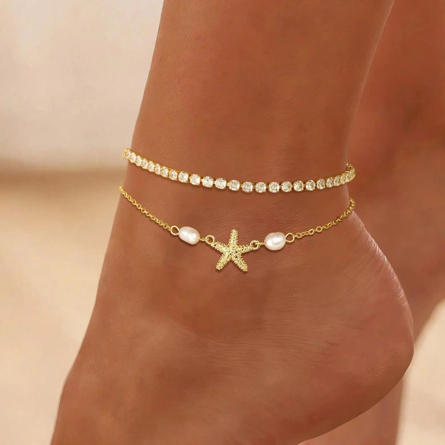 Viral Starfish & Pearl Tennis Anklet Set | Aesthetic Coastal Beach Ankle Bracelet | Waterproof Barefoot Summer Jewelry | Petite & Cute Accessory for Vacation, Pool Parties & Tropical Getaways