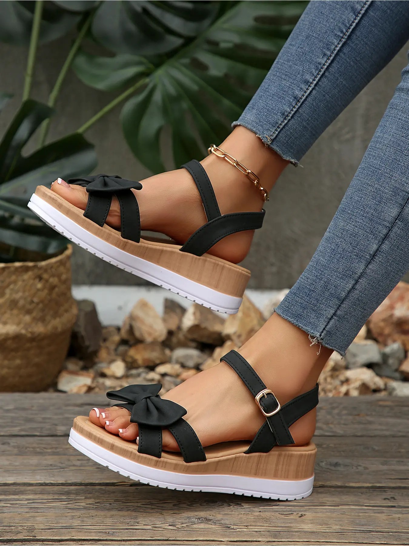 Women Slingback Bow Wedge Sandals Adjustable Buckle Summer Beach Daily Wear