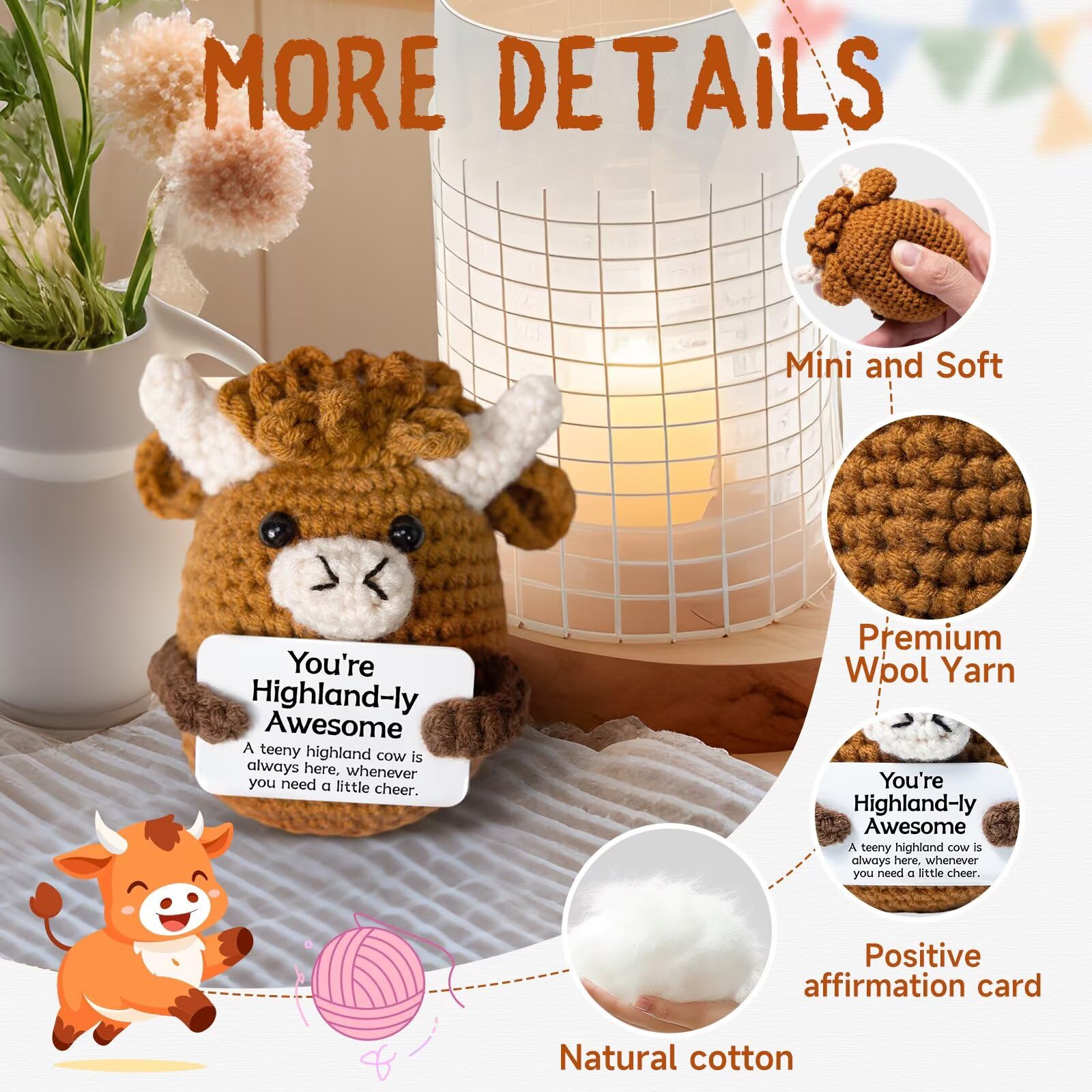 Cute Handcrafted Highland Cow Knit Plushie,Ultra Soft Fluffy Stuffed Animal,Squishy Relaxing Toy for Anxiety Relief,Adorable Bag Keychain Pendant,Perfect Festival Gift for Family Friends,Desk Bedroom Car Decor,Unique Handmade Crochet Cow Doll