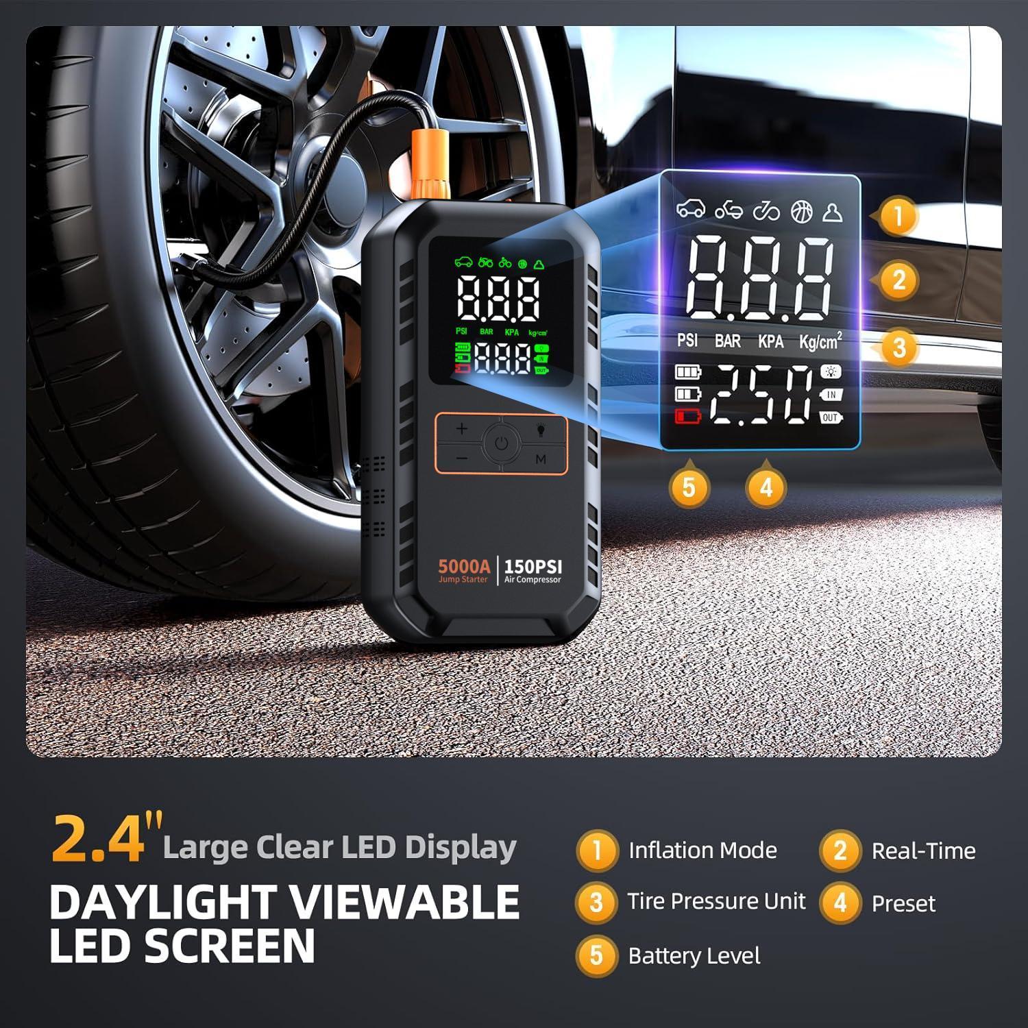 5000A 150PSI Car Jump Starter with Air Compressor Auto Tire Inflator Large LCD Display LED Light Portable 12V Battery Booster Power Pack Quick Jump Start for Gasoline Diesel Vehicles Universal for Cars SUVs Trucks Bikes Motorcycles RVs Boat Tires Multi Sa