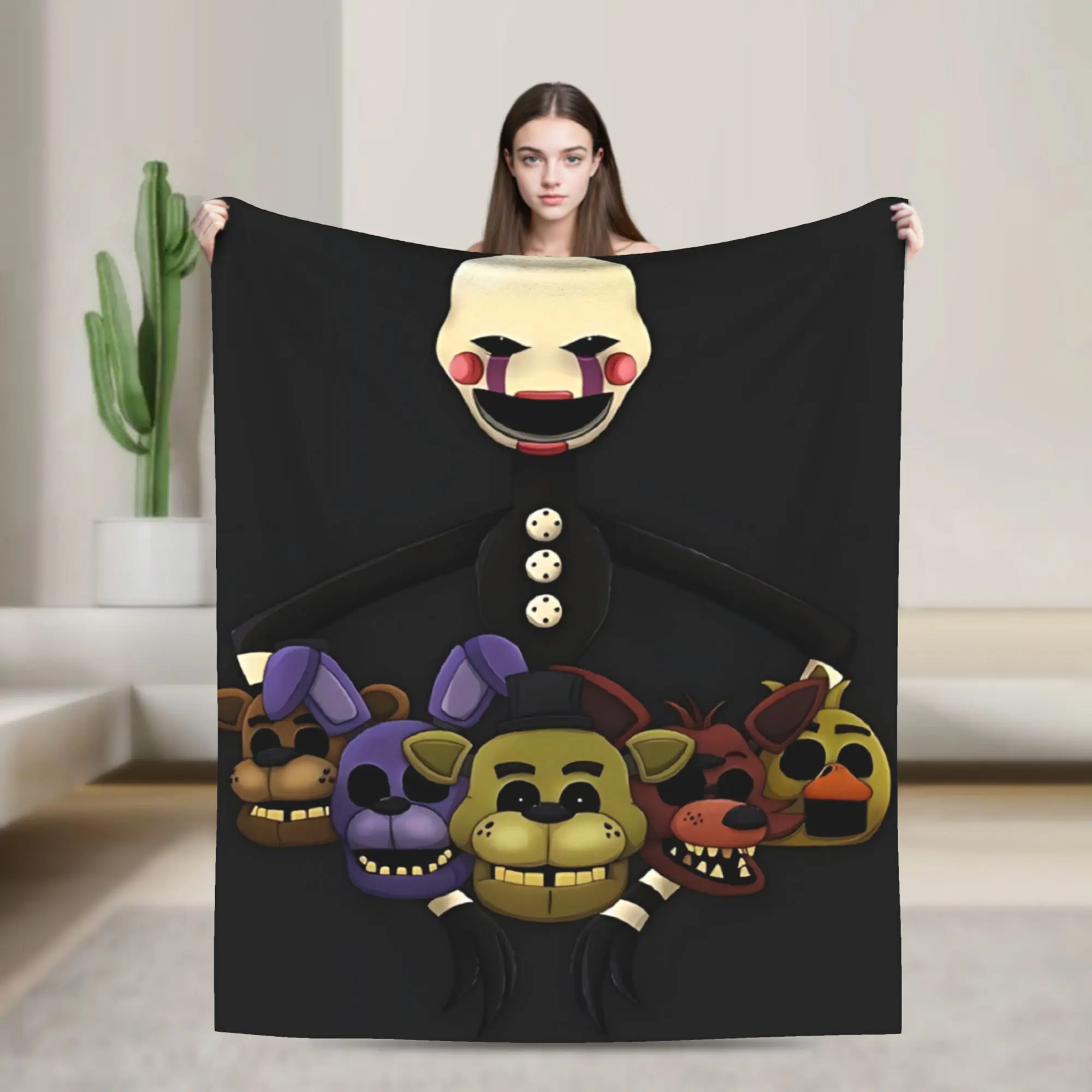 FNAF Marionette Puppet Flannel Throw Blanket Five Nights at Freddy’s Classic Freddy Bonnie Foxy Chica Golden Freddy Mask Group Dark Horror Game Art Soft Fleece Blanket Teen Gamer Sofa Decor Gift