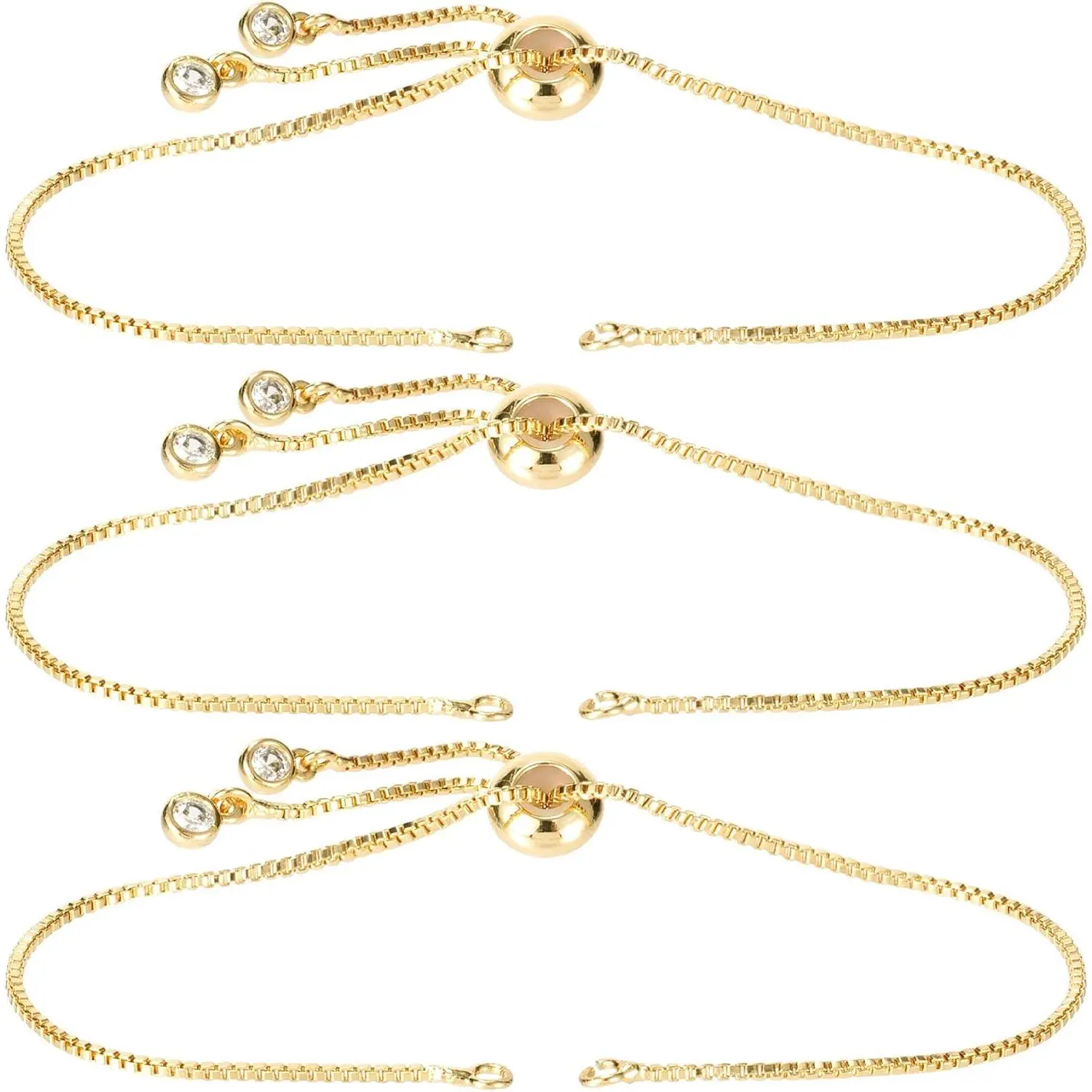 3 count Adjustable Slider Bracelet for Women, 9.05in,  Brass with 18k -plated, with Rhinestones Ends, Bracelet Extender Chains for  Making, DIY Crafts