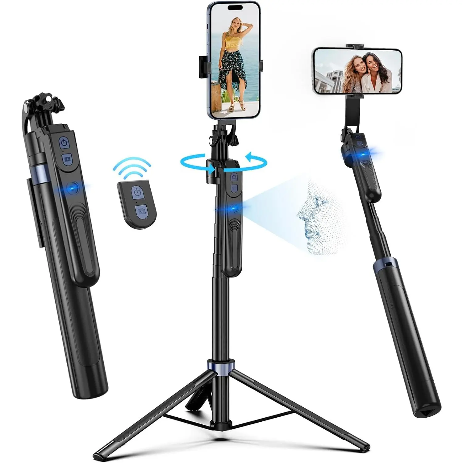 Smart Face Tracking Tripod, 360° Rotating Phone Holder with Remote and Gesture Control, Vlogging Accessories for TikTok and Video Recording, Mobile, Phone Mounts, Remote+Tripod