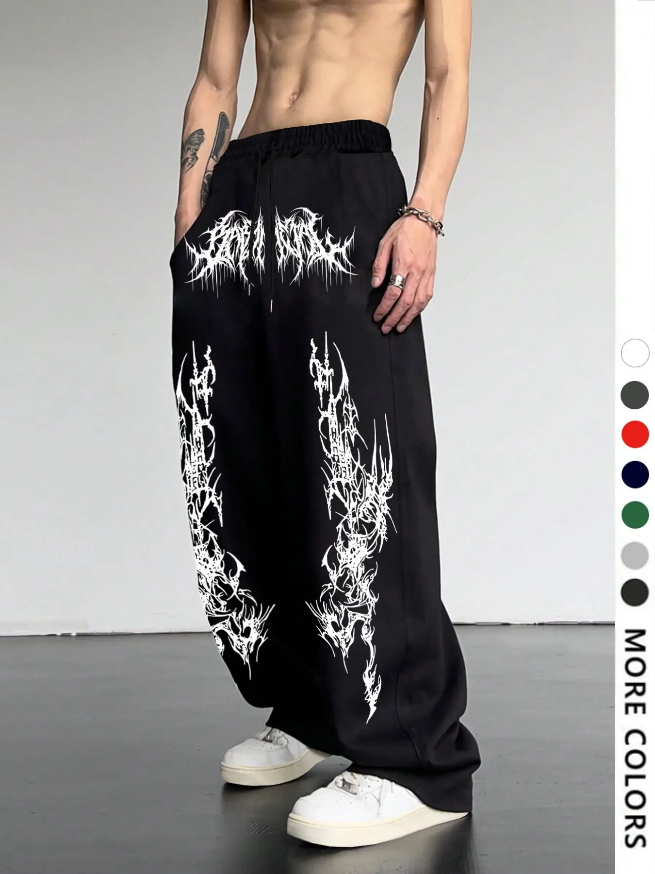 Men's Casual Sporty Long Pants, Gothic Pattern Print Sweatpants, Drawstring Wide Leg Leisure Long Pants, Suitable for All Seasons