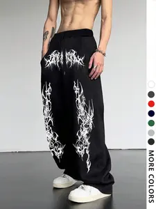 Men's Casual Sporty Long Pants, Gothic Pattern Print Sweatpants, Drawstring Wide Leg Leisure Long Pants, Suitable for All Seasons