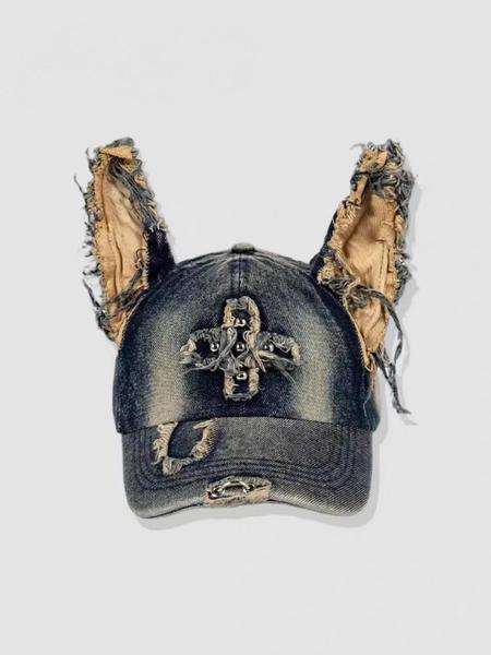 Unisex Wasteland Style Bunny Ear Baseball Cap, Adjustable Snapback Cap, Punk Denim Trucker Hat with Chain, Streetwear Hip Hop Costume for Halloween Party