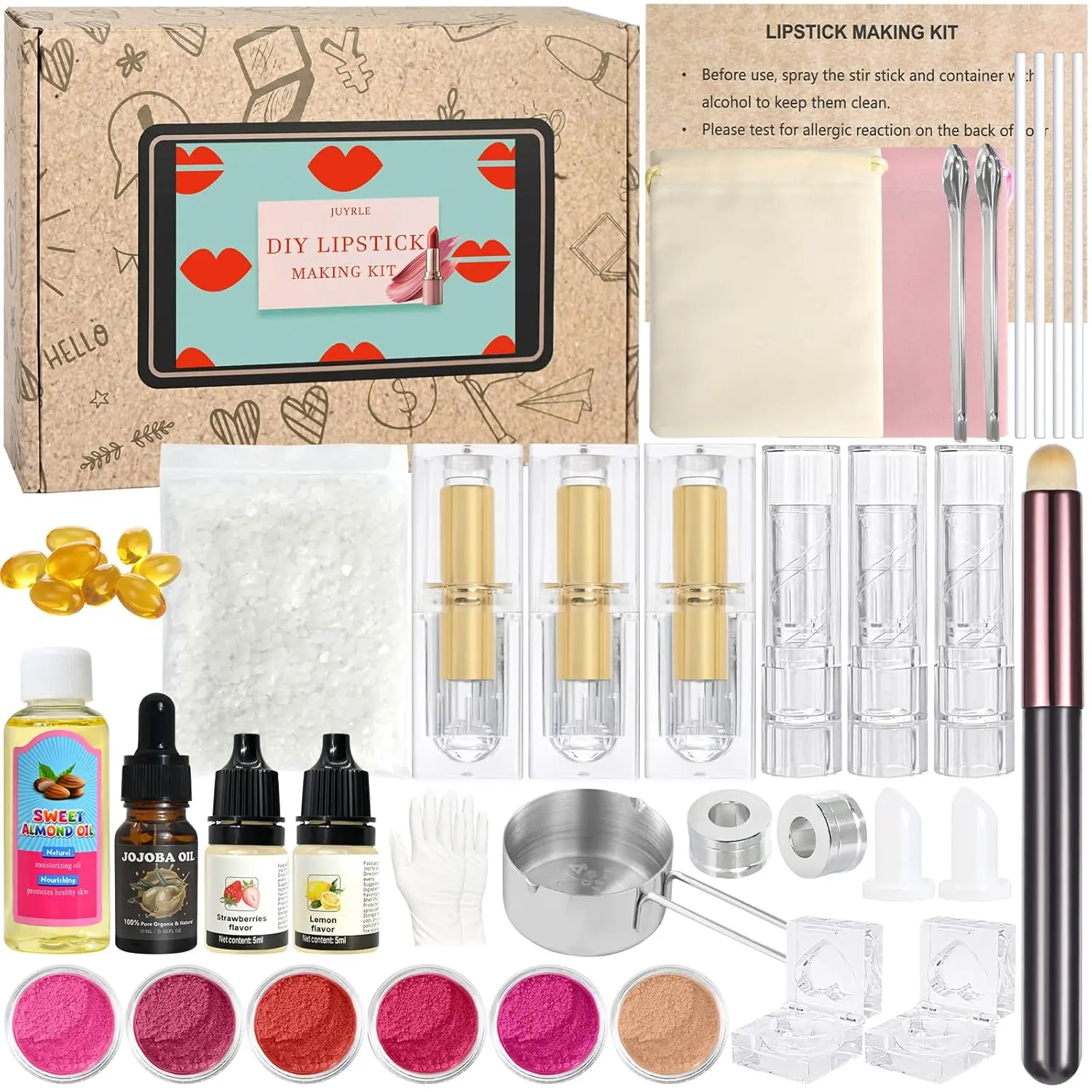 JUYRLE Lipstick Making Kit- 47Pcs DIY Matte Velvet Lipstick Set, Lip Gloss Kit, Make Your Own Lip Stain Kit with Beeswax Long-Lasting Quick-Drying Non-Stick Cup Lip Makeup Gift Kit for Women Beginner