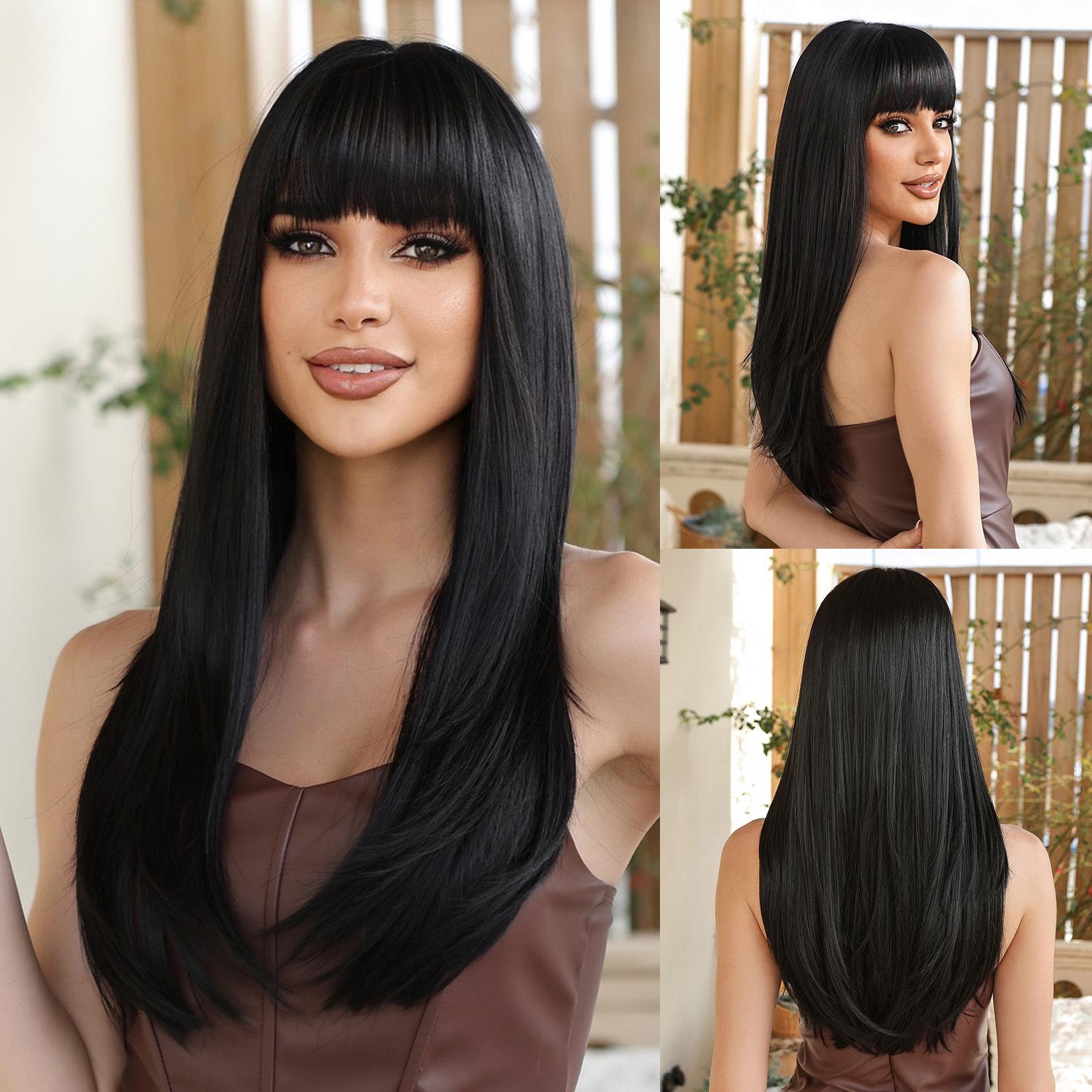 Latest Gray Ombre Straight Hair Wig with Front Fringe High Temperature Synthetic Fiber Easy to Put On Glueless Ventilated European and American Fashion Hair Topper