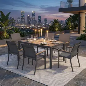 Aobtkel7-Piece Grey Aluminum Patio Dining Set, 6-Seat All-Weather Heavy Duty HDPS Rectangle Table and Textilene Patio Chairs for Patio, Porch & Garden On-Site   RR