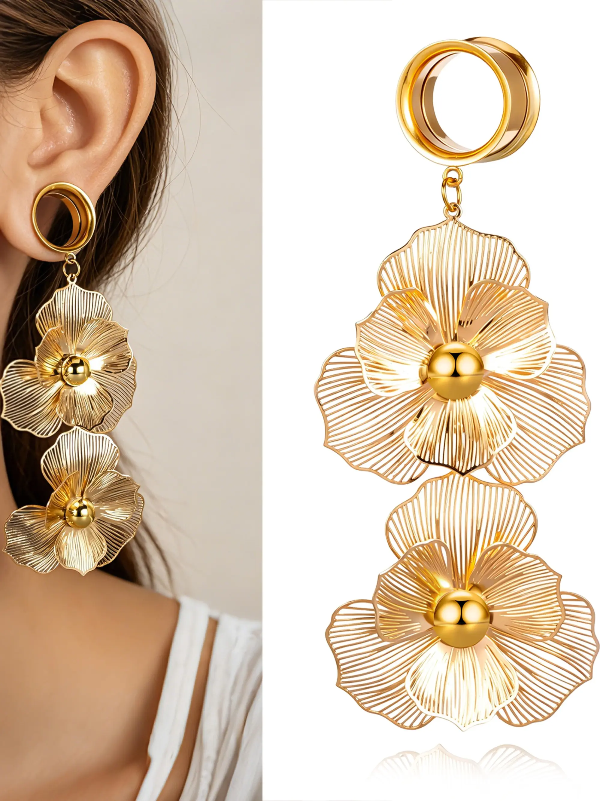 vanku 2Pcs Boho Gold Layered Dangle Ear Tunnels Plugs, 316L Stainless Steel Hypoallergenic Piercing Gauges for Festival & Vacation
