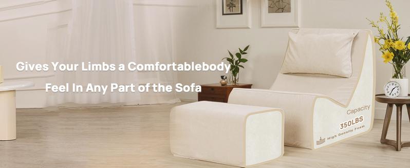 Giant Bean Bag Chair for Adults - Indoor Chaise Lounge with Neck Pillow & Ottoman, All-in-One Sponge Design, Comfy Floor Chair for Reading, Gaming, Napping, and Movies (Khaki)