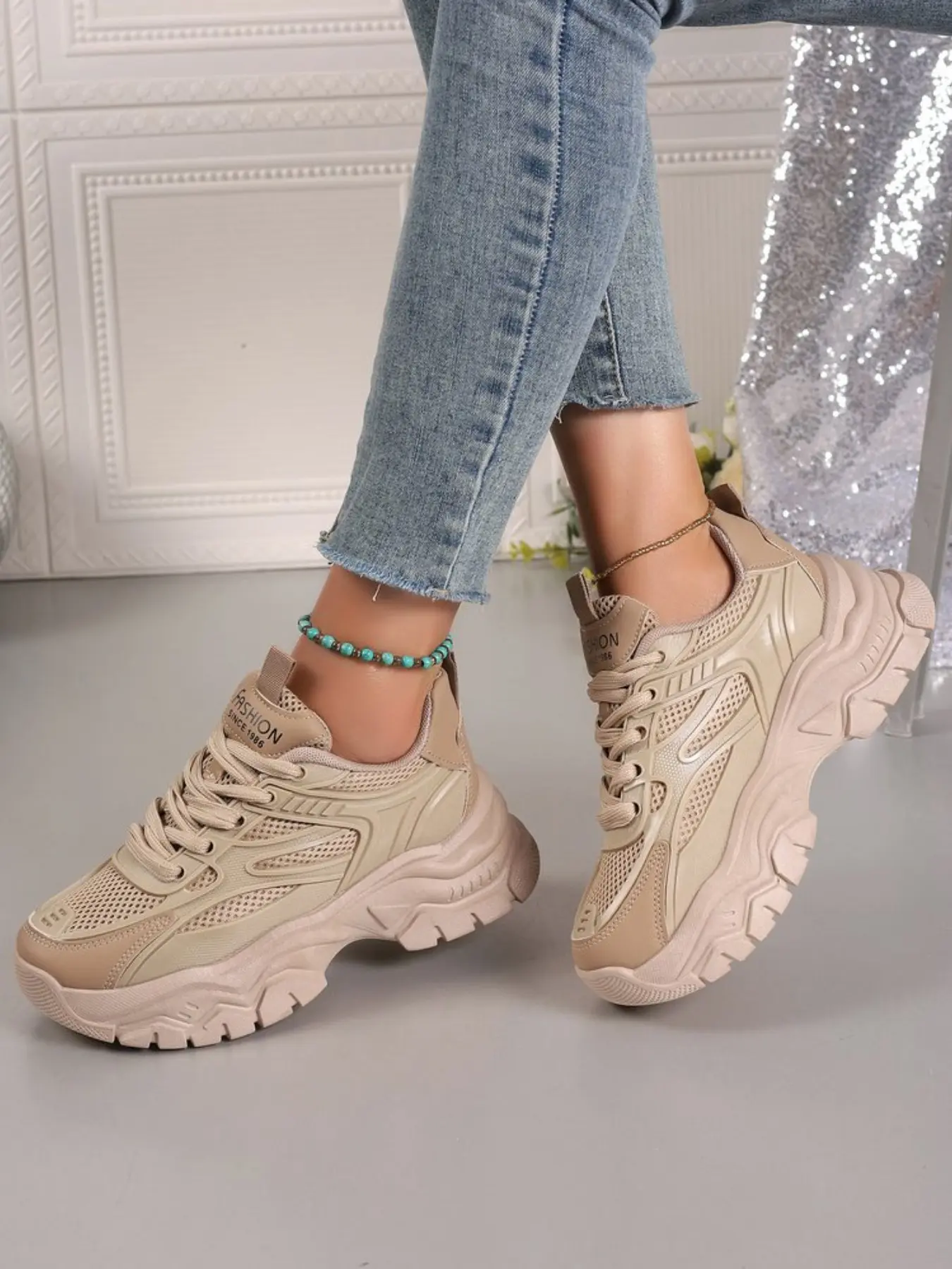 Return-To-School Pure Mesh Breathable Casual Women's Shoes, Lightweight Multi-Layer Thick Sole Anti-Slip Versatile Dad Sneakers