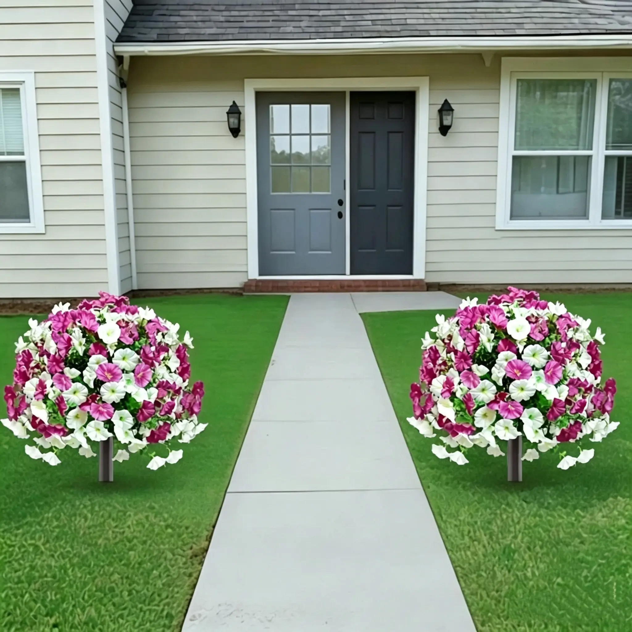 2 pieces of white and purple mixed floral balls are very beautiful. They are simulated landscape trees and flower-like plants for the garden. With ground stakes, they are simulated straight-inserted green plants. They are suitable for outdoor decoration,