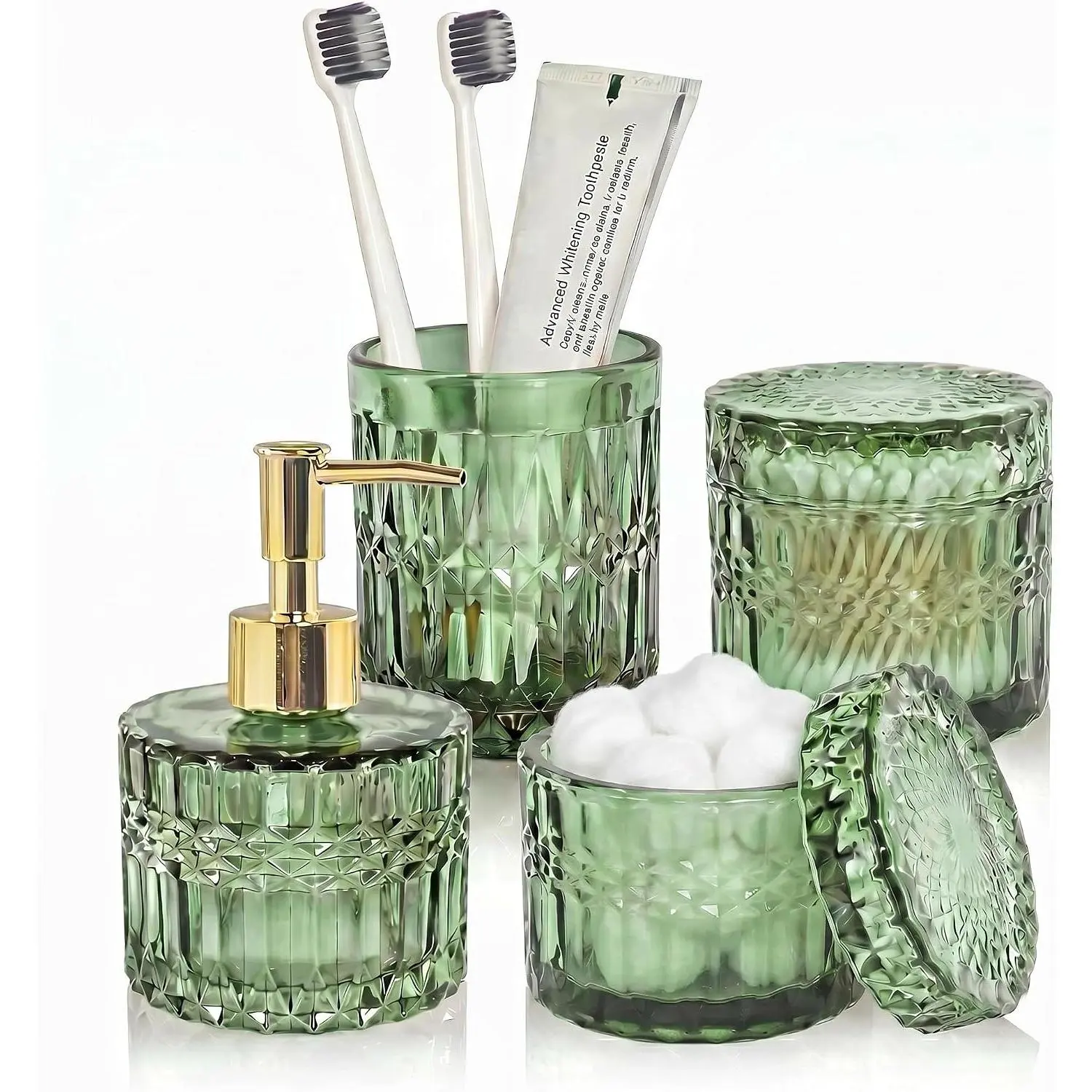 Green Bathroom Accessories Set, 4 count Clear Glass Bathroom Set, Soap Dispenser and  Holder Set, Qtips Holder, Soap Dish for  Modern Bathroom Decor, Countertop Organizer