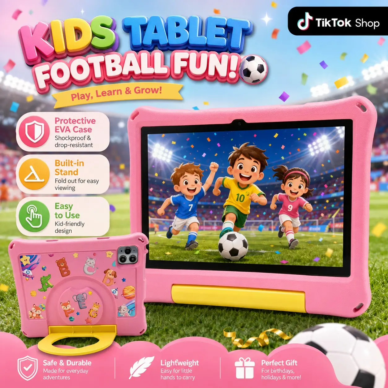 10.1 Inch Kids Digital Tablet, 4GB RAM 64GB ROM, Android 12, Dual Camera, Kid-Proof Case with Handle, WiFi Learning Tablet for Toddlers, Holiday Gift