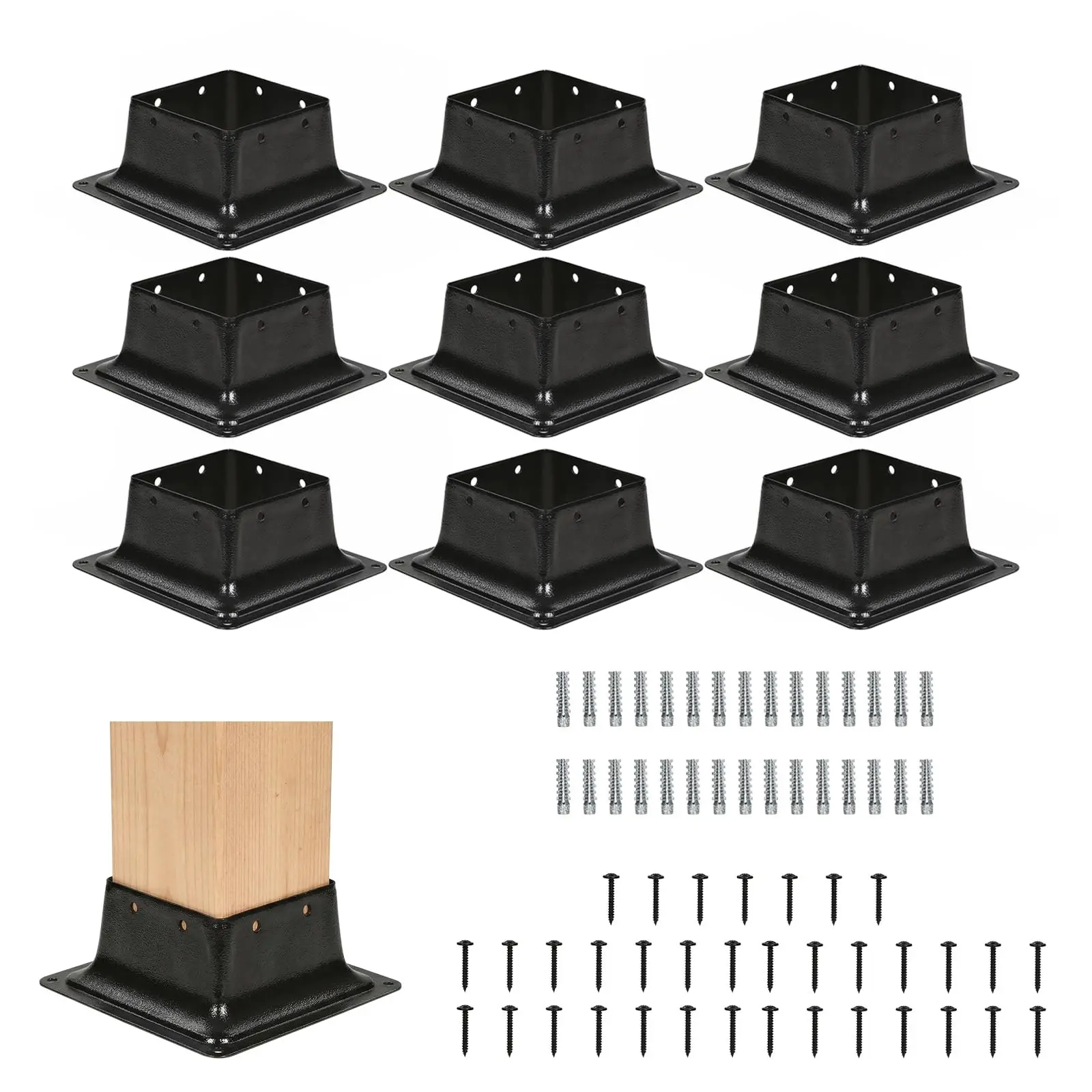 Gaomon 10 PCS Corrosion Resistant Carbon Steel 4x4 Post Base Brackets - Internal 3.6"x3.6" Metal Brackets with Wood, Concrete Screws & Expansion Anchors, Fit Pergola, Fence (Brackets+Screws)