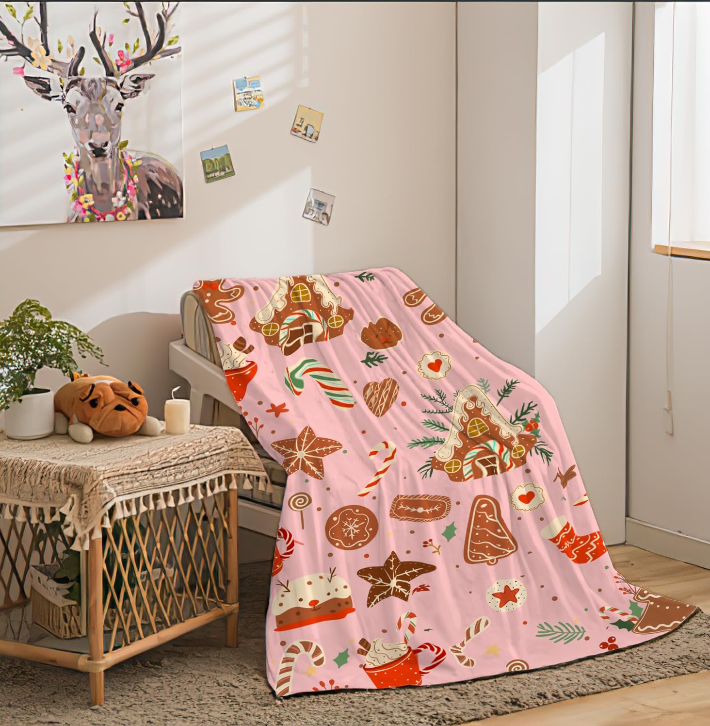 Pink Christmas Gingerbread Man Throw Blanket, Winter Cute Star Snowflakes Candy Cane Throws Blankets, Xmas Soft Lightweight Holiday Blanket for Couch Sofa Bed Chair Living Rooms Decor