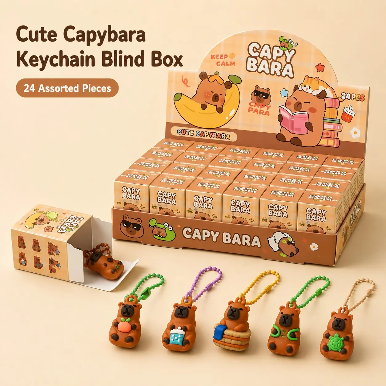 24pcs Capybara Blind Box Keychain Set, Cute Collectible Bag Charms, Mystery Surprise Animal Pendants, Gift & Party Favors