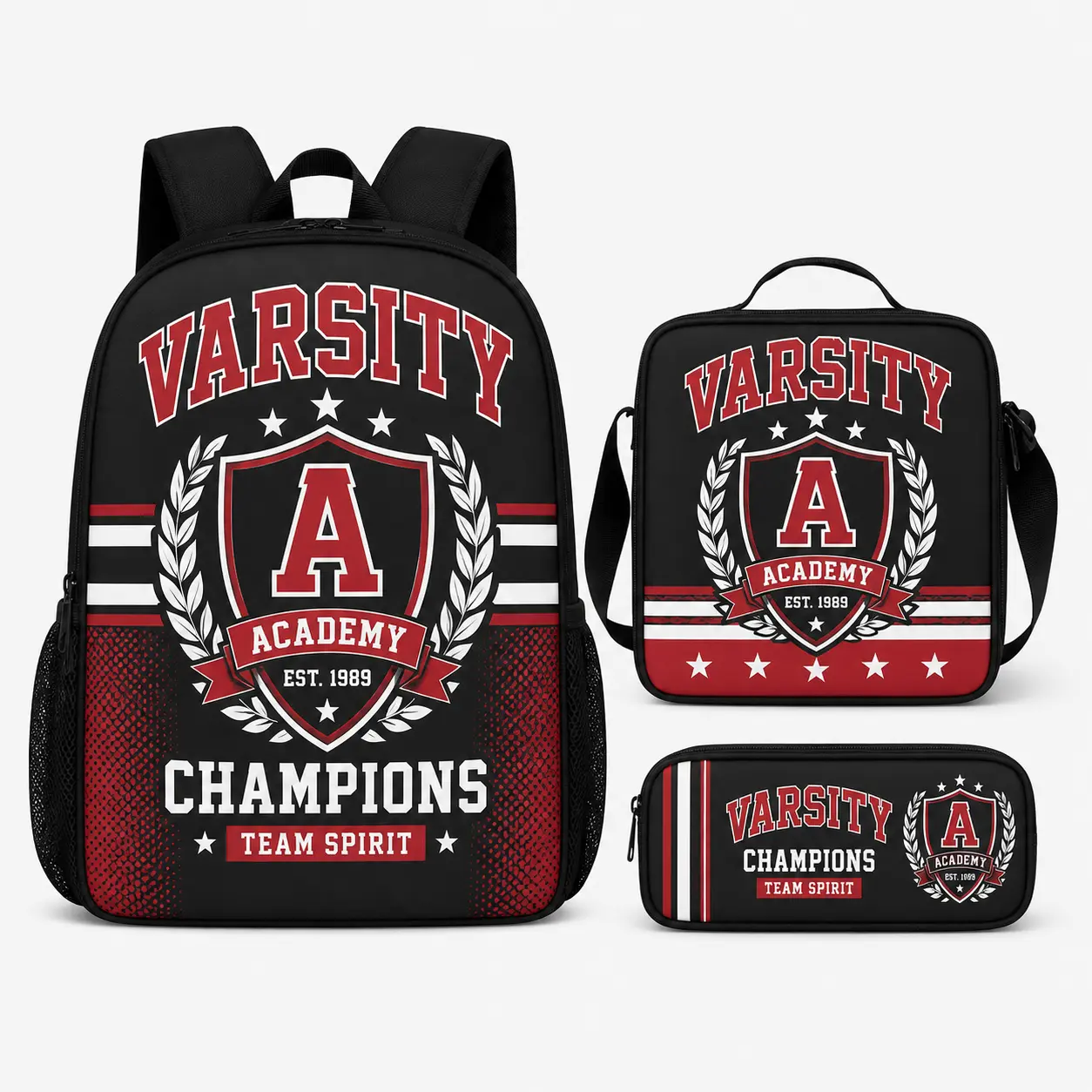 Preppy College‑Style 3‑Piece School Set, Classic Varsity Crest and Slogan Prints, Durable Polyester Material Backpack Lunch Bag Pencil Case Bundle, Ideal Back‑to‑School Gift for School‑Aged Children.