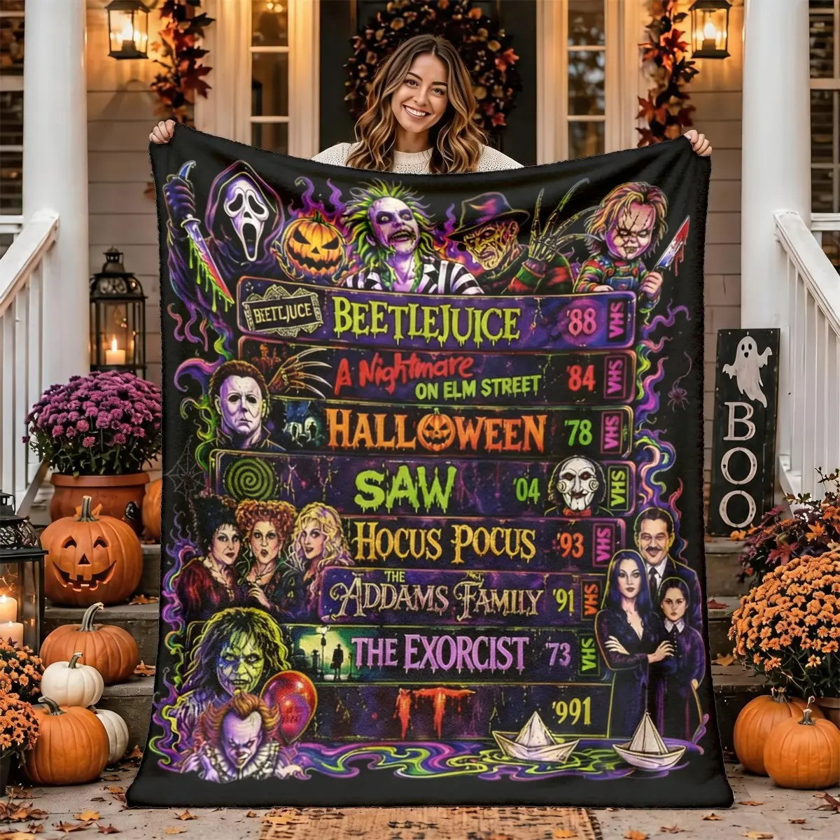 Classic Horror Movie Pattern Flannel Blanket, Large Size, Soft and Lightweight, Perfect for All Seasons, Ideal Gift for Family, Super Soft Blanket