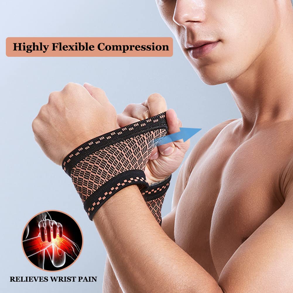 Copper Wrist Compression Brace (2Pcs), Elastic Wrist Support Sleeve Wrist Braces For Tendonitis, Arthritis, Carpal Tunnel Pain Relief, Soft Wrist Wrap Wristbands For Sport, Fitness, Workout, Typing