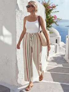 Plus Size Women's Summer Striped Carrot Pants, Elastic High Waist, Side Pockets, Breathable, Casual Daily Wear, Beach Walk