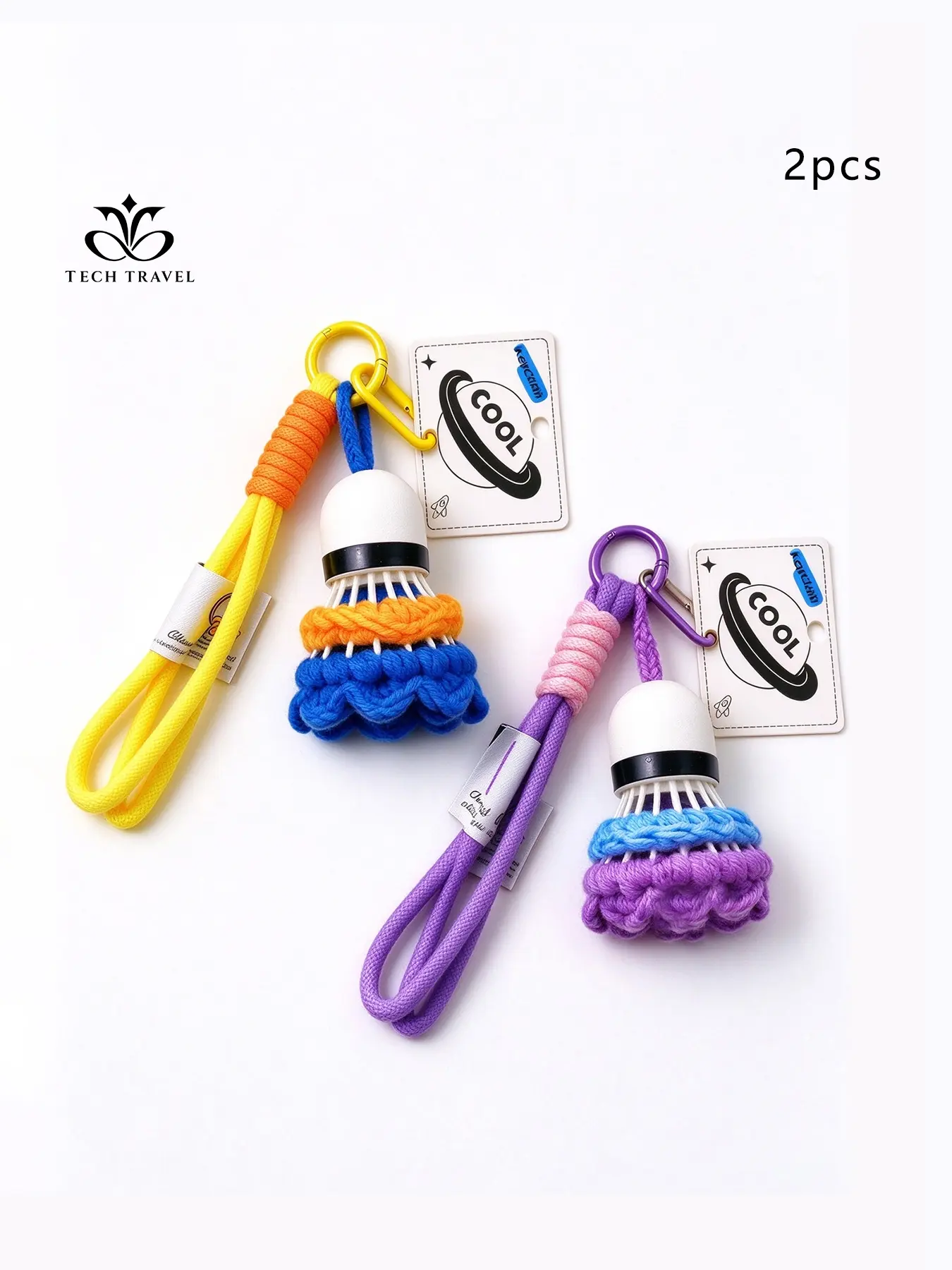 2 Pcs Braided Badminton Keychain & Bag Charm | Y2K Aesthetic & Cool Sporty | with Macrame Details, Carabiner Clip & "COOL" Tag | for Women Girls Daily Bag Decoration, Back to School & Gift.
