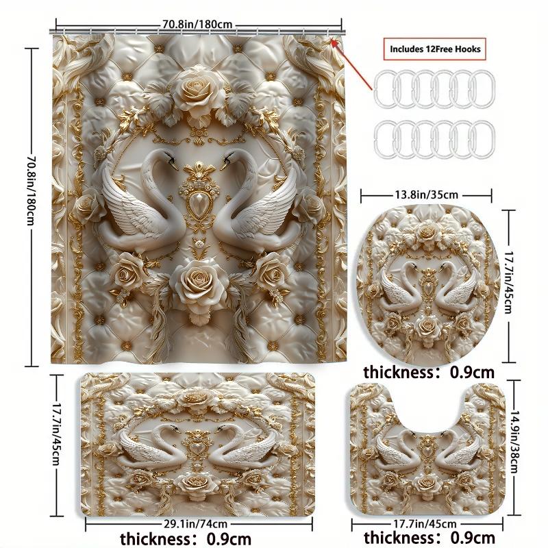 Swan Embossed Shower Curtain Set, 1 Count Waterproof Shower Curtain/4 Counts Set Including Waterproof Shower Curtain, Non-slip Floor Mat, Toilet Seat Cover & Bathroom Mat with 12 Hooks, Showercurtain, Bathroom Decoration Accessories