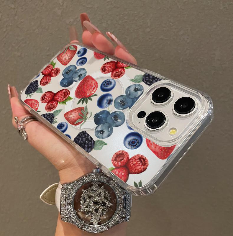 Magnetic Soft Case for iPhone11/12/13/14/15/16/17/prom, Blueberry Strawberry Fruit Collage MagSafe Compatible,Springtok Aesthetic Pattern Design Lightweight,y2k cased,AntiScratch,and Trendy Protector Screen Protector Resistance Cover Protection Shockproof