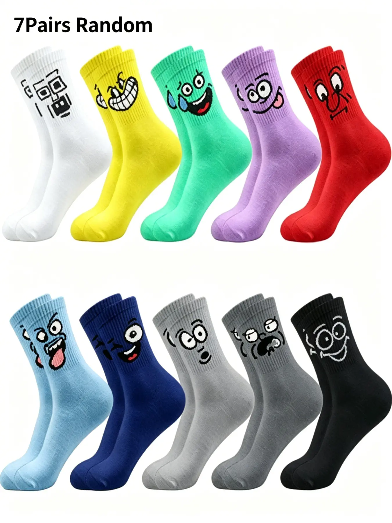 7 Pairs Random Funny Cartoon Expression Jacquard Ribbed Crew Socks, Vibrant Multi-Color Stackable Mid Calf Novelty Socks, Elastic Breathable Cute Casual Street Socks for Women Teen Daily Campus Outfits