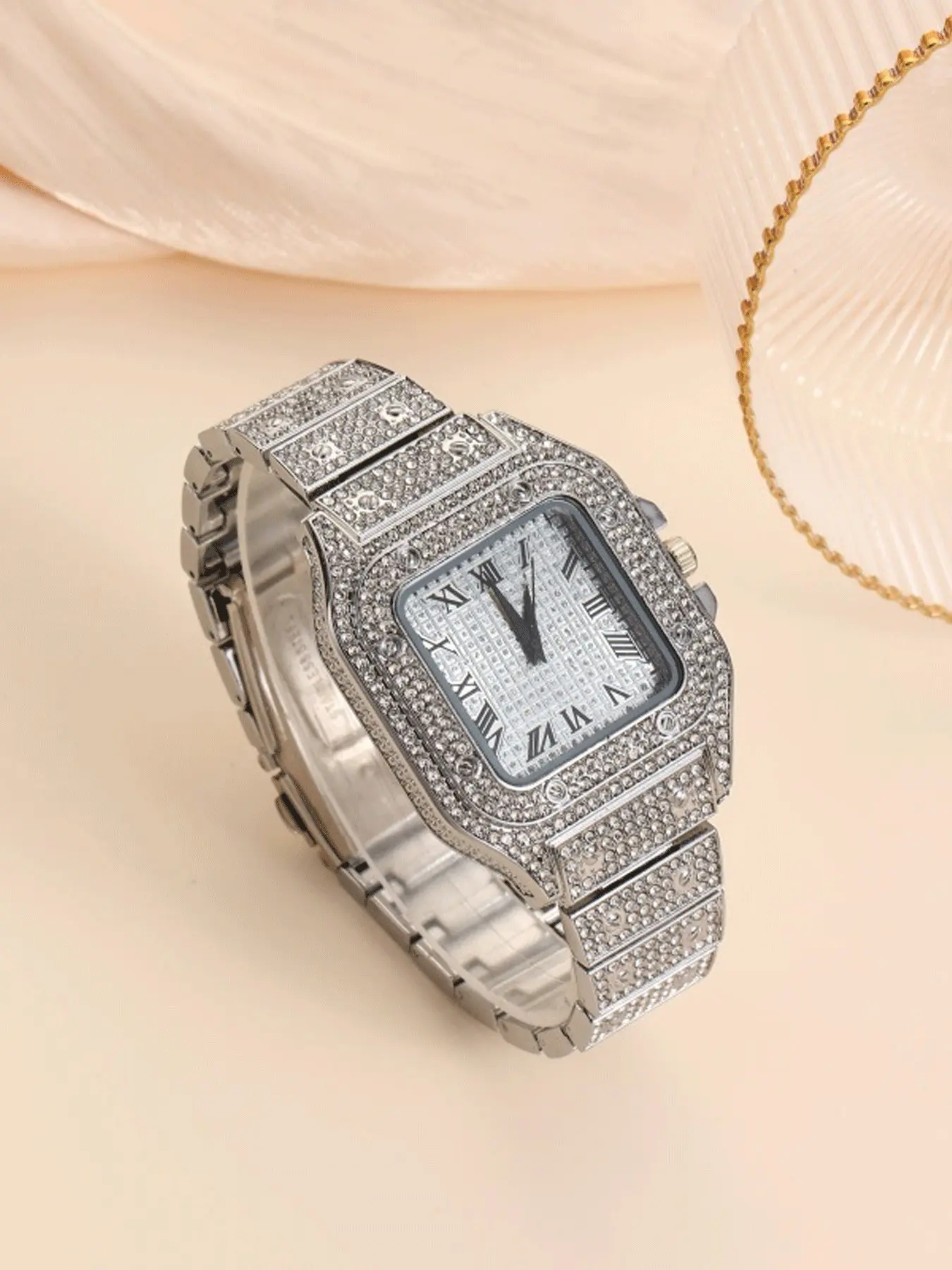 Luxury Men's Quartz Watch, Long Rectangular Design, Cubic Zirconia Accents, Top Brand Timepiece, Ideal Gift for Him, Analog Watches