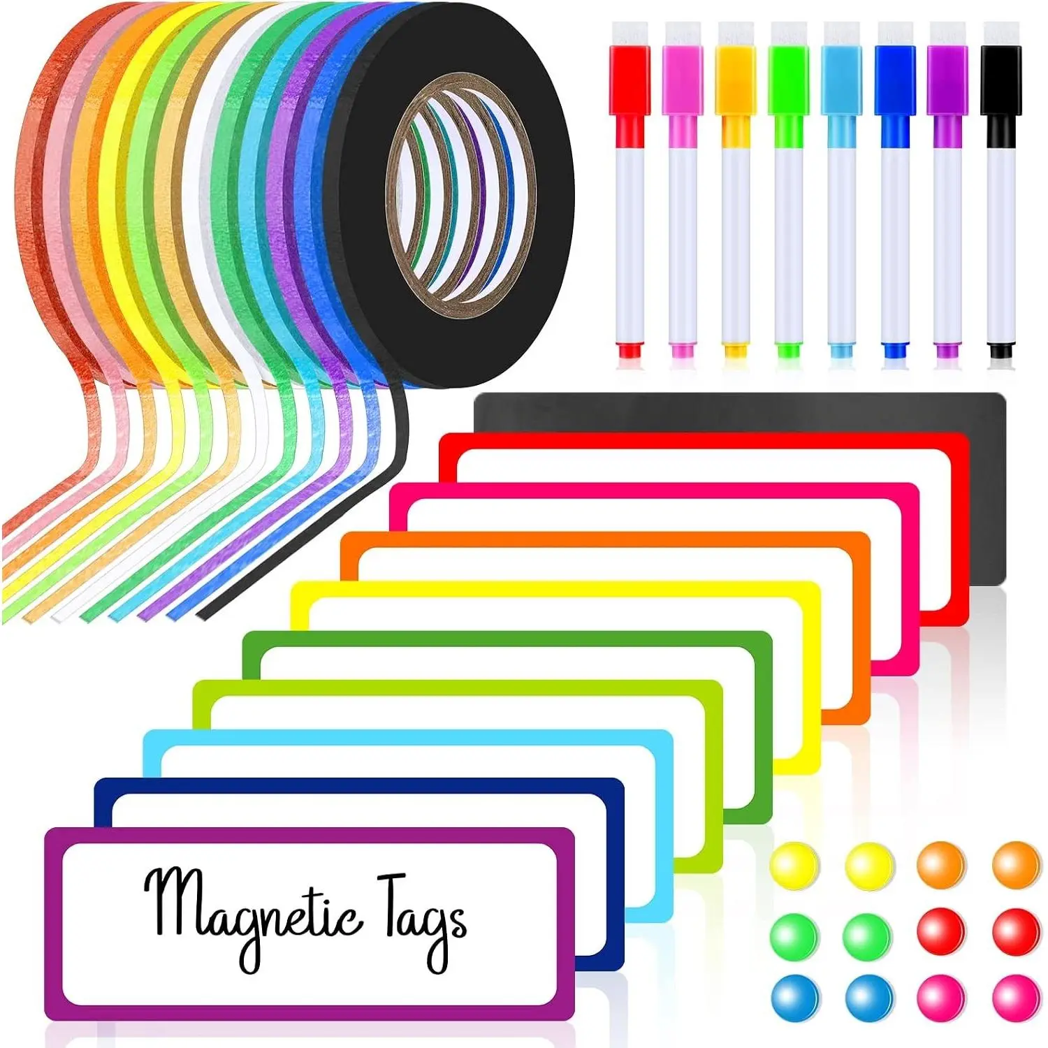 176 Pcs White Board Accessories Set Include 144 Magnetic Dry Erase Labels 12 Rolls Thin Whiteboard Tape 8 Magnetic Fine Tip Dry Erase Markers 12 Round Planning Buttons for Office Home
