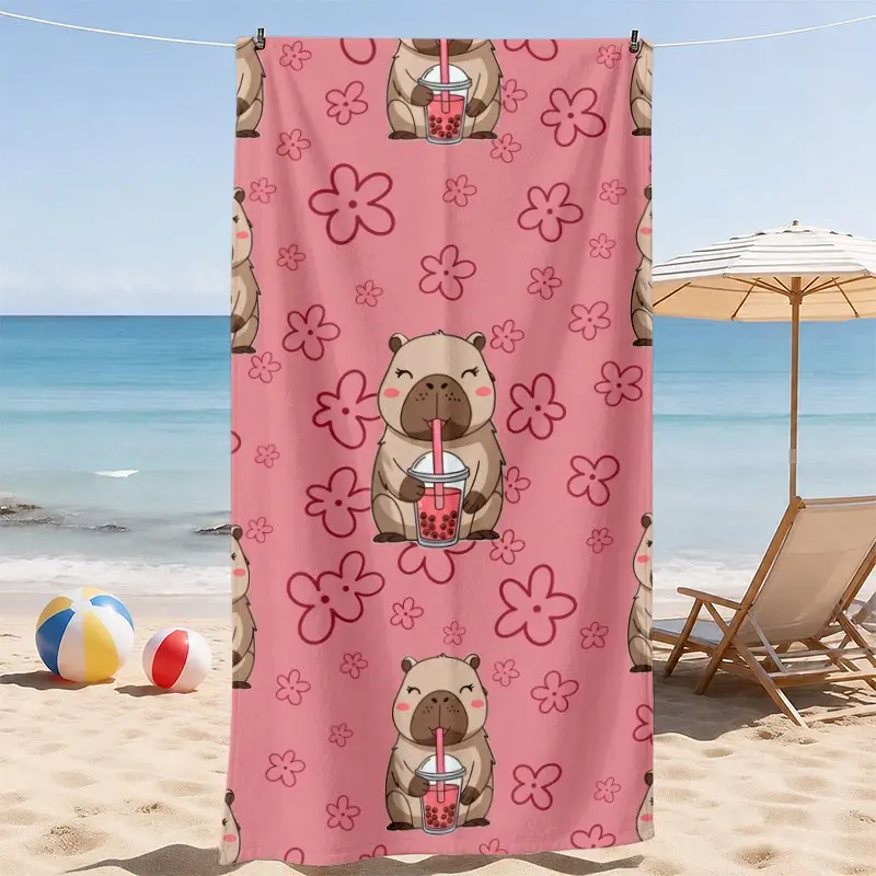 Cute Capybara Beach Towel, Adorable Animal Print with Pink Floral Pattern and Fun Cartoon Design, Absorbent and Sand Resistant, Suitable for Beach, Pool, Vacation and Bathroom Use, Happy Vibes Style Gift for Kids and Family