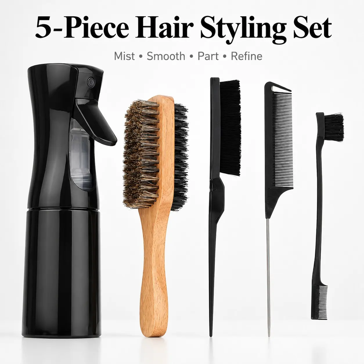 5-Piece Hair Styling Set, Includes Spray Bottle, Smoothing Brush, Pick Comb, Tail Comb, Edge Comb for Smooth Styles and Daily Hair Care