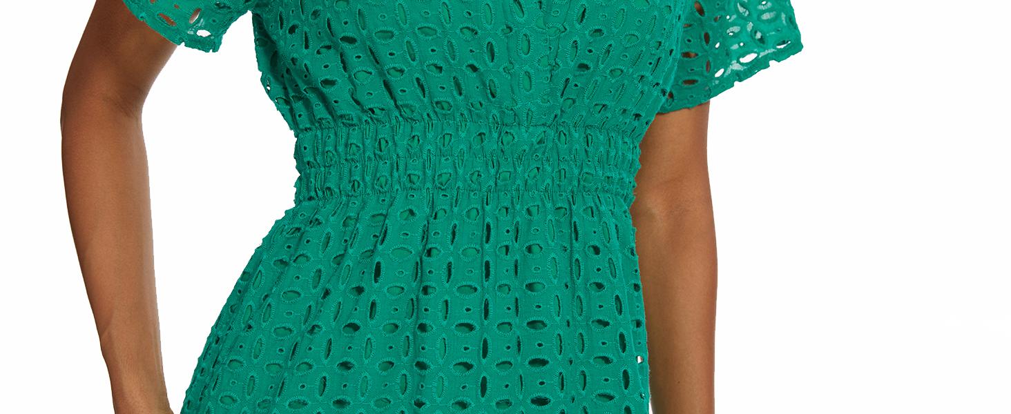 Women Summer Eyelet Lace Dress Casual V Neck Mini A Line Hollow Out Embroidered Formal Dress Sundresses