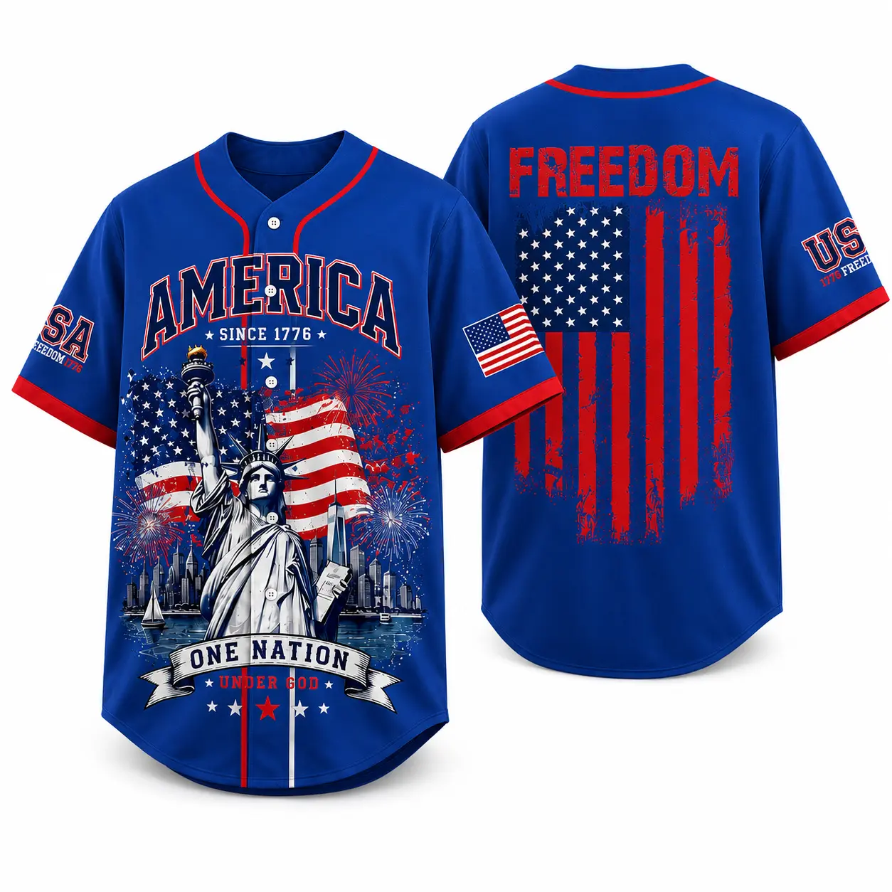 USA 250th Anniversary Baseball Jersey for Men Women, Blue Patriotic Button Up Shirt with Statue of Liberty, Flag & Fireworks Graphic Print, Lightweight Polyester 4th of July Summer Streetwear Top，clothes, outfits, men's wear,men fashion,summer men clothes