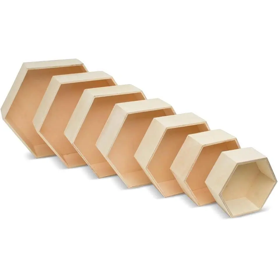 Wooden Hexagon Floating Shelves with Backs, Set of 7, Unfinished for Crafts and DIY Wall Décor: Modern, Geometric, Rustic, or