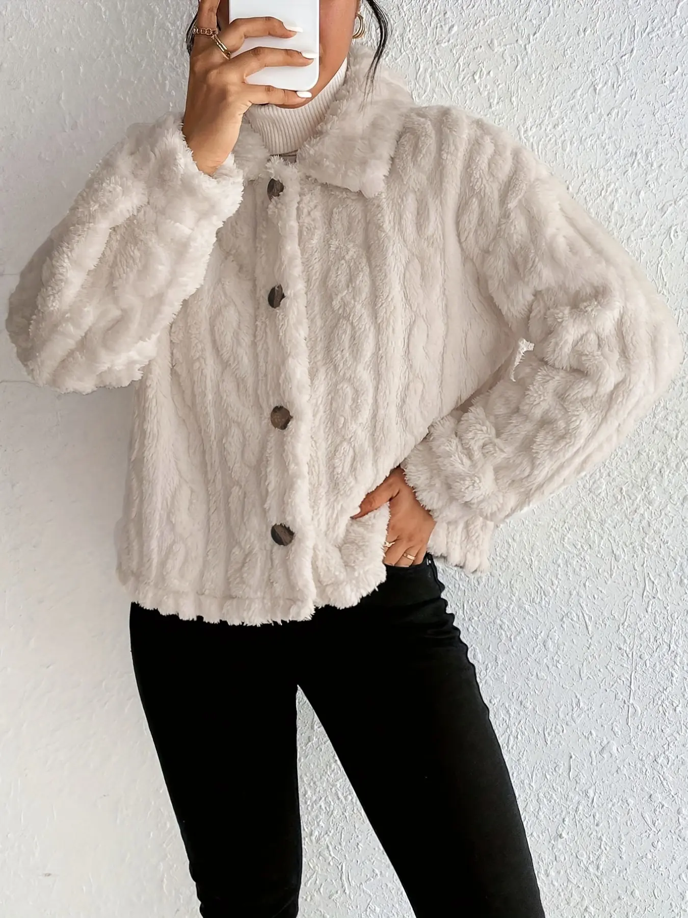 Women's Solid Color Long Sleeve Flannel Jacket, Elegant Loose-Fitting Winter Outerwear, Unlined Full Placket Top, Batch Number 126