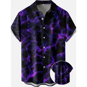 Men'S 3D Digital Print Purple & Marble Pattern Short Sleeve Shirt - All-Over Purple & Marble Design with Purple & Marble Texture