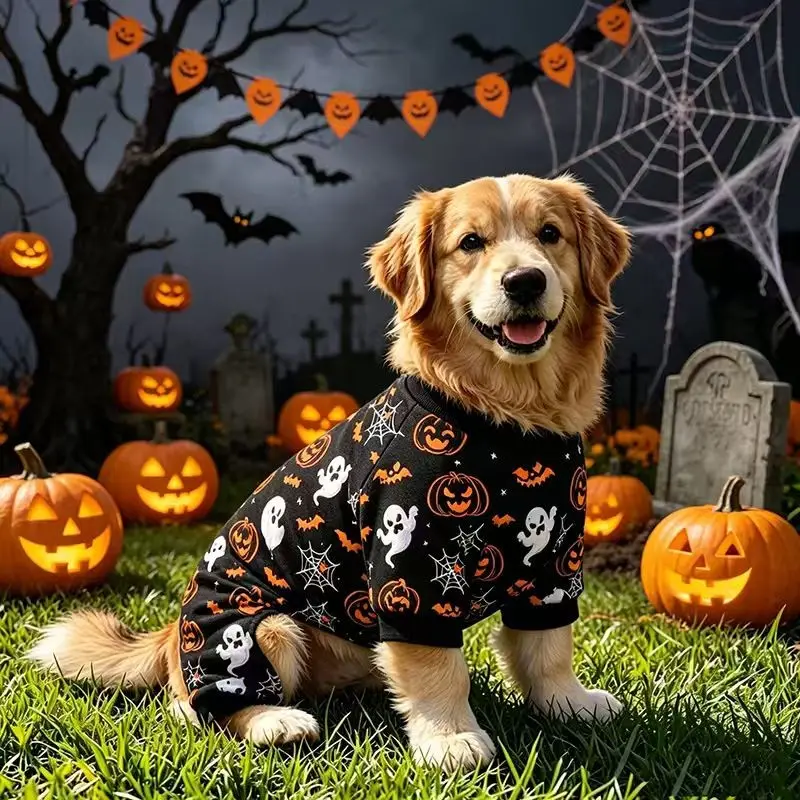 Dog Halloween Pajamas for Small to Medium Dogs, Plaid Pumpkin Ghost Design, Comfortable Halloween Costume, Breathable and Gentle