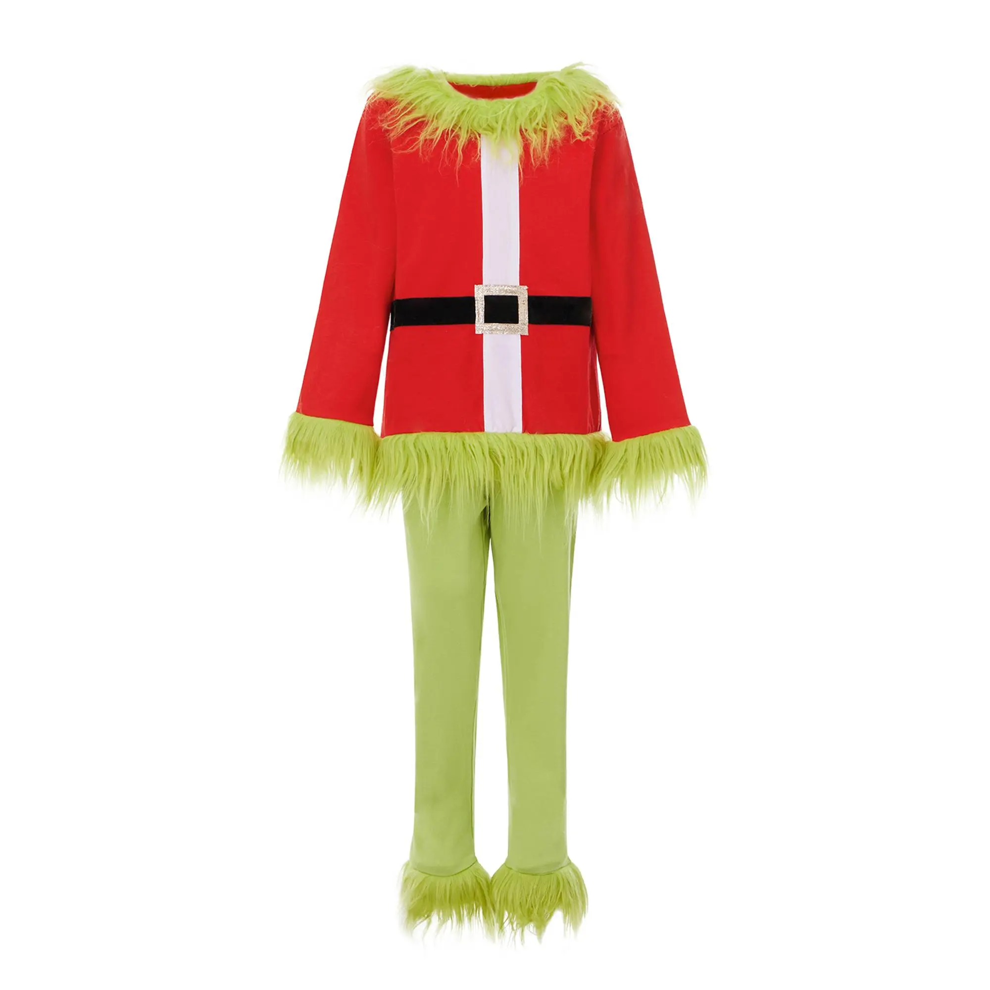 Shingpp Toddler Kids Christmas Monster Cosplay Costume Green Furry Trim Santa Long Sleeve Top And Pants Xmas Outfit Set 0-10y