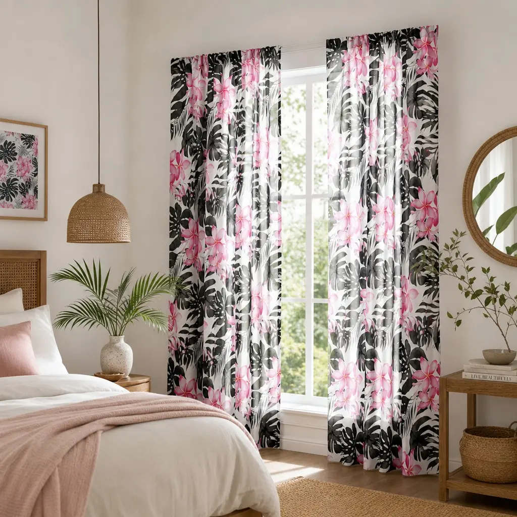 2-Pack Background Plumeria Tropical Leaf Curtains, Palm Leaf Print, Semi-Transparent Hawaiian Curtains for Bedroom, Living Room, Balcony, Beach Villa Decor