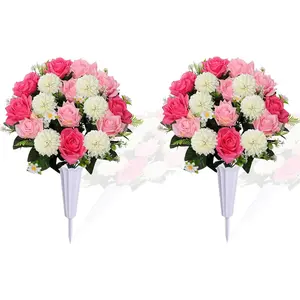 Lodou Set of 2 Artificial Bouquet Grave Memorial Flowers with Vase, Realistic Vibrant Roses,Cemetery Memorial Flowers for Outdoor Tombstone Decorations (Pink)