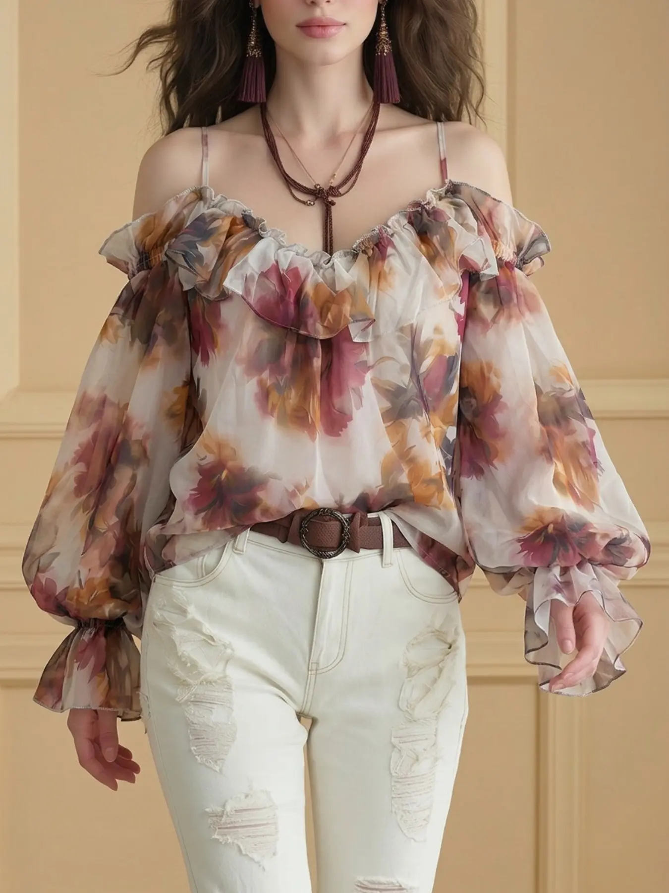 Floral Print Off-Shoulder Halter Blouse Top, Romantic Vintage Bohemian Style, Long Sleeve Ruffle Dress, Casual Streetwear, Light Social Events, Commute