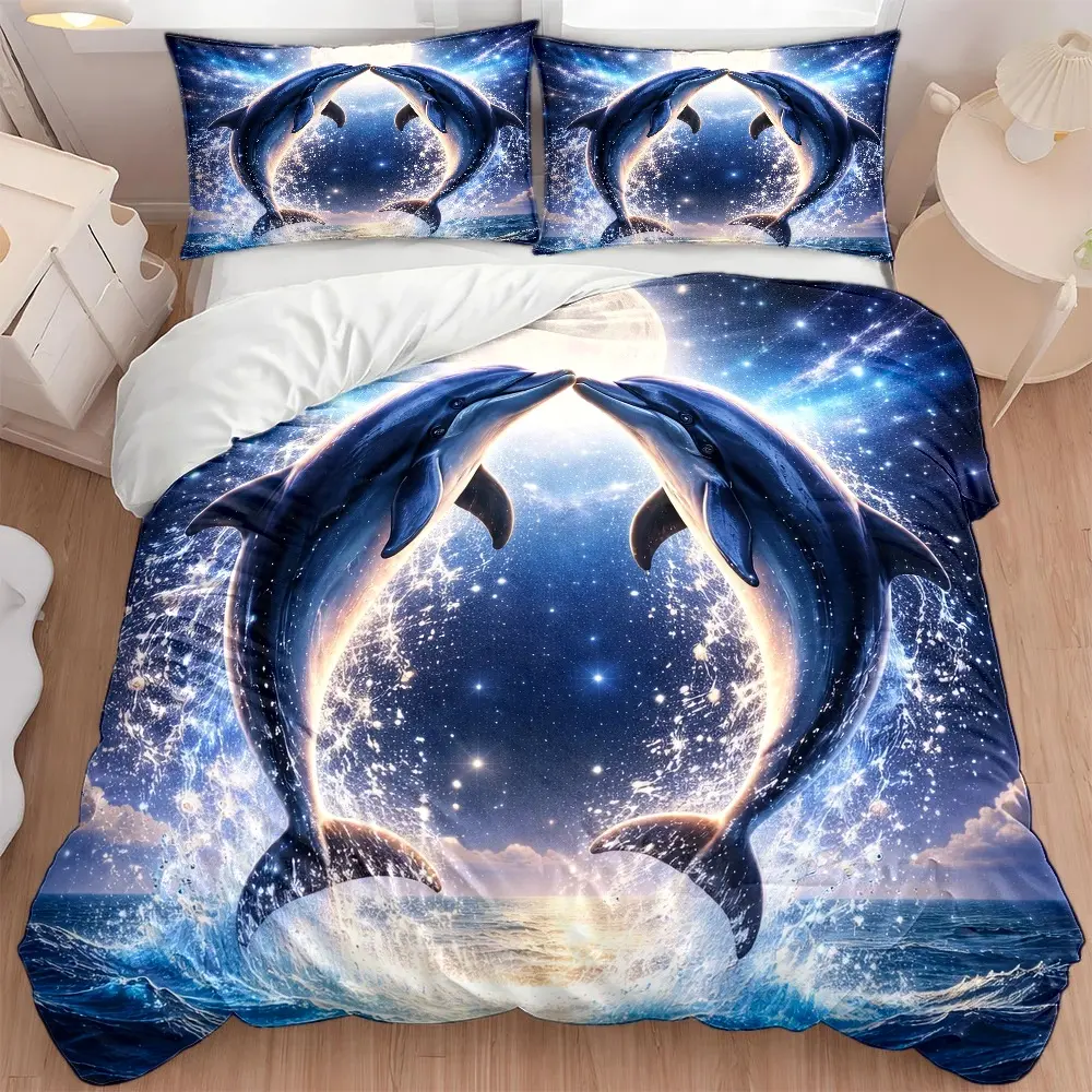 3PC Dreamy Starry Sky Dolphin Bedding Set - 1 Duvet Cover + 2 Pillowcases, Invisible Zipper Double Bed Cover, All-Season, Machine Washable, Suitable for Home, Dormitory halloween decoration sure comforter reversible toddler ultra-soft polyester festive pr