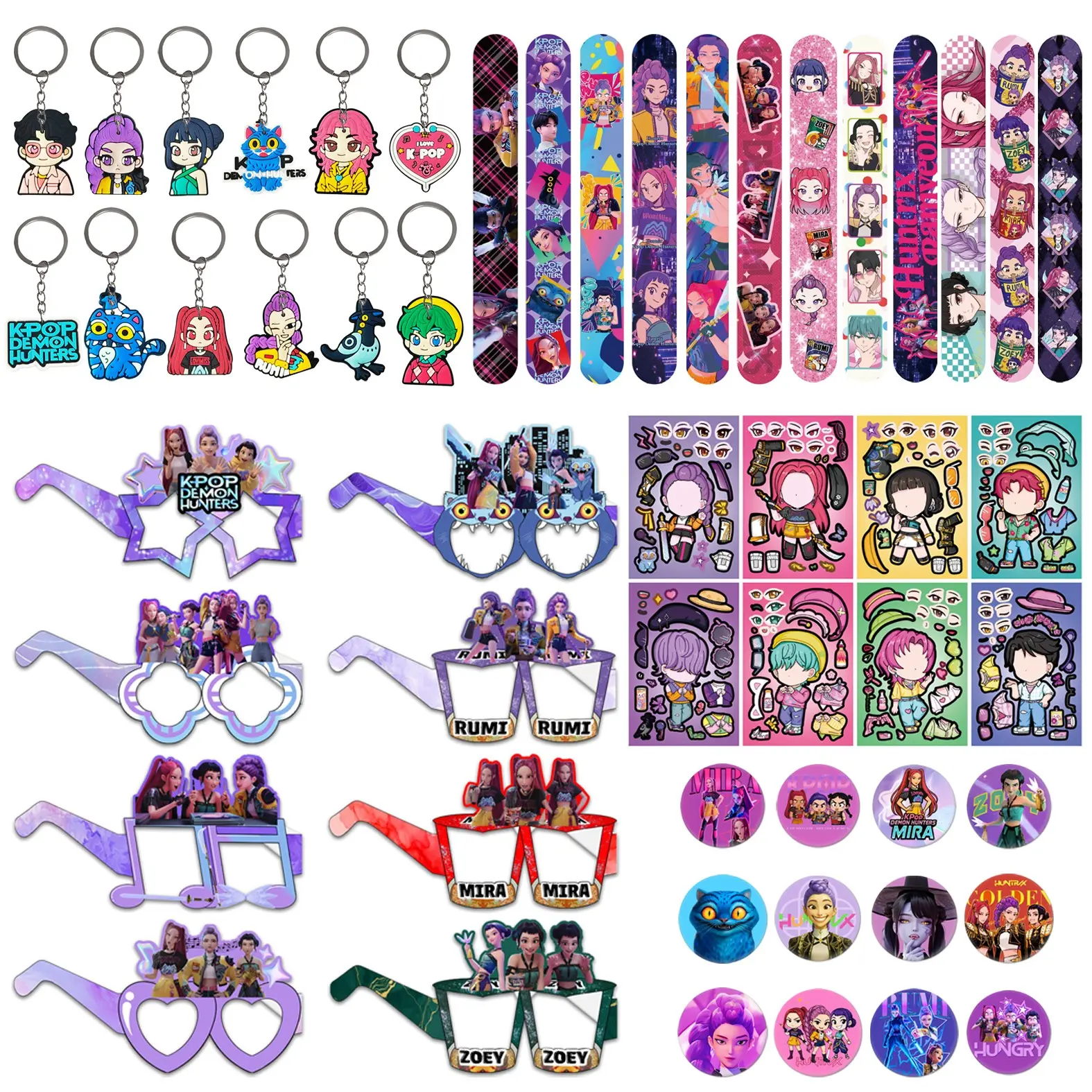 5 Korean cartoon girl group party gifts, perfect as party favors, including 12 wristbands, 12 keychains, 12 cartoon badges, 8 sheets of cartoon combo stickers, and 8 decorative glasses. This is the best choice for parties and gatherings.