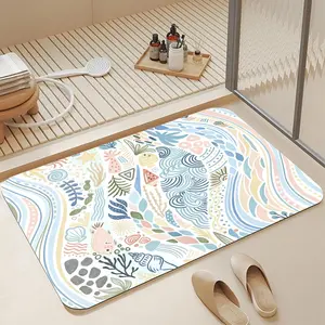 Soft Pastel Boho Underwater Fish Coral Wave Diatomite Bath Mat 16*24 Inch, Quick Dry Anti Slip Odor Free Diatomaceous Earth Shower Rug, Hand Drawn Seashell Seaweed Washable Floor Rug for Kids Bathroom Beach Front Door