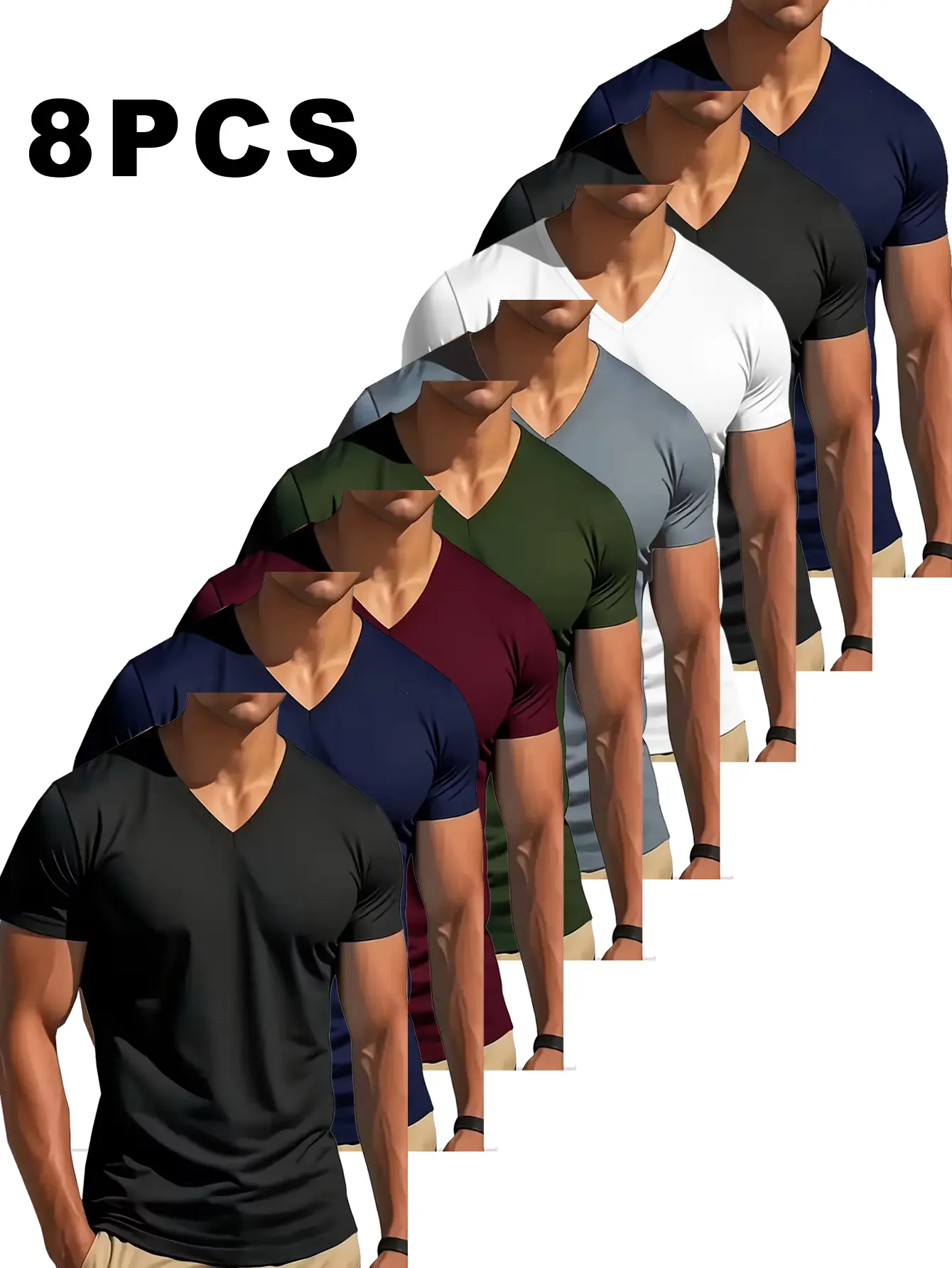 V-neck T-shirt, 8-piece mixed set; more comfortable than you might expect, slightly stretchy, slim fit, versatile design; men’s short-sleeve V-neck, sports shirt, quick-dry athletic top, modern cut, casual sportswear, stretch fabric.