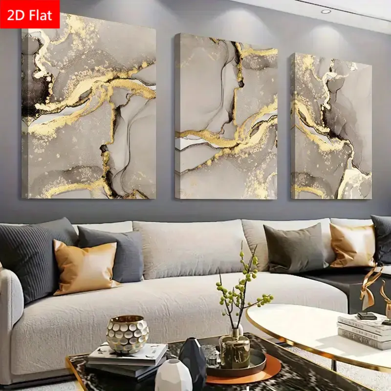 3-Piece Abstract Gold-Gray 2D Framed Canvas Painting Set - Vertical Layout Abstract Art, Christmas Home Decor Gift, Local Warehouse Stock Indoor Decor for Bedroom, Living Room, Set Of Three