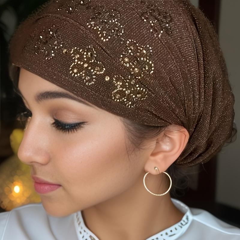 Elegant Women's Rhinestone Floral Turban - Stretchy, Soft & Breathable Head Wrap for Ramadan |   Red/Black